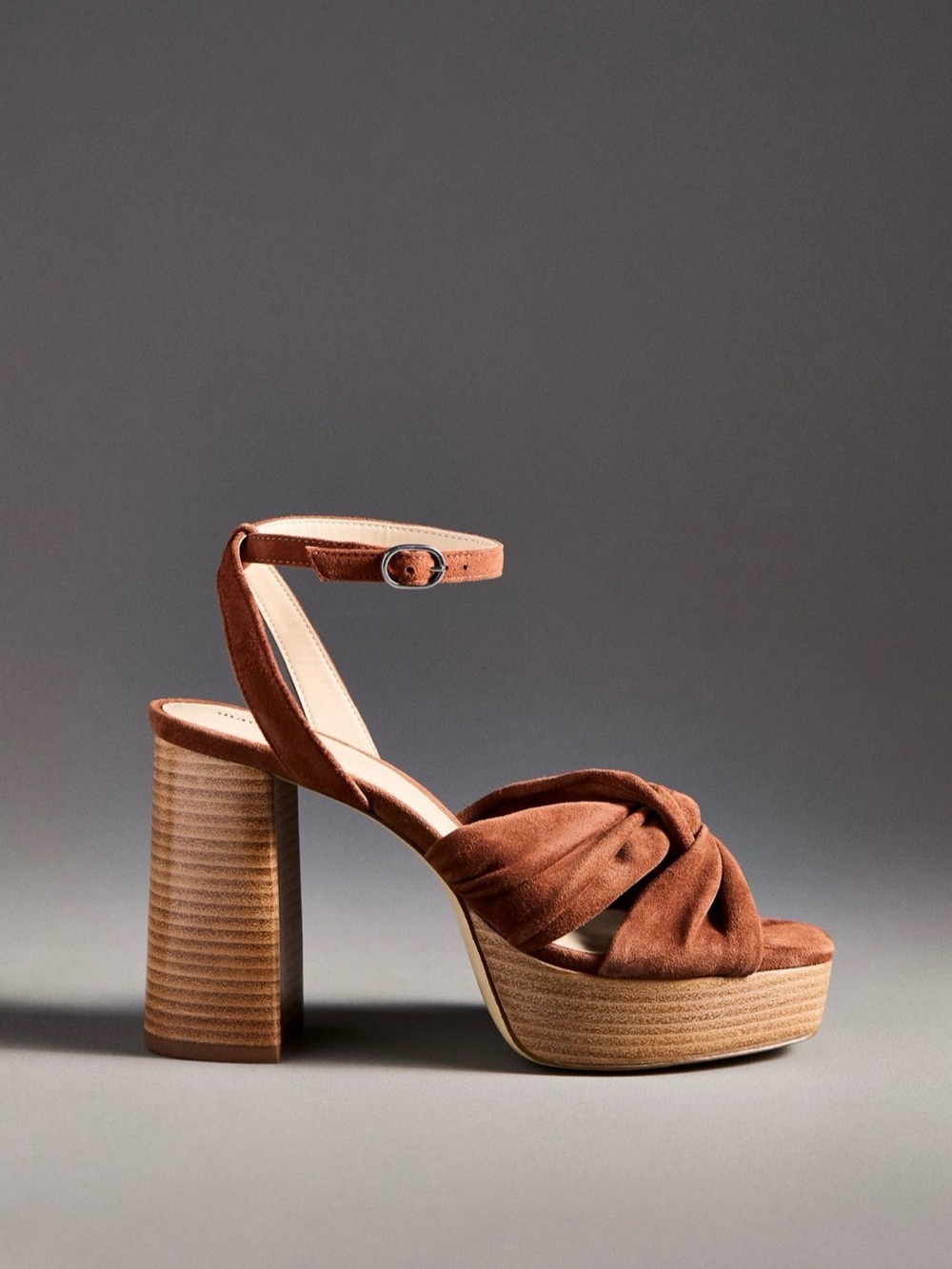 ANTHROPOLOGIE MAEVE Brown Suede Knot Platform Wood-Bottom Sandals Heels Sz 9